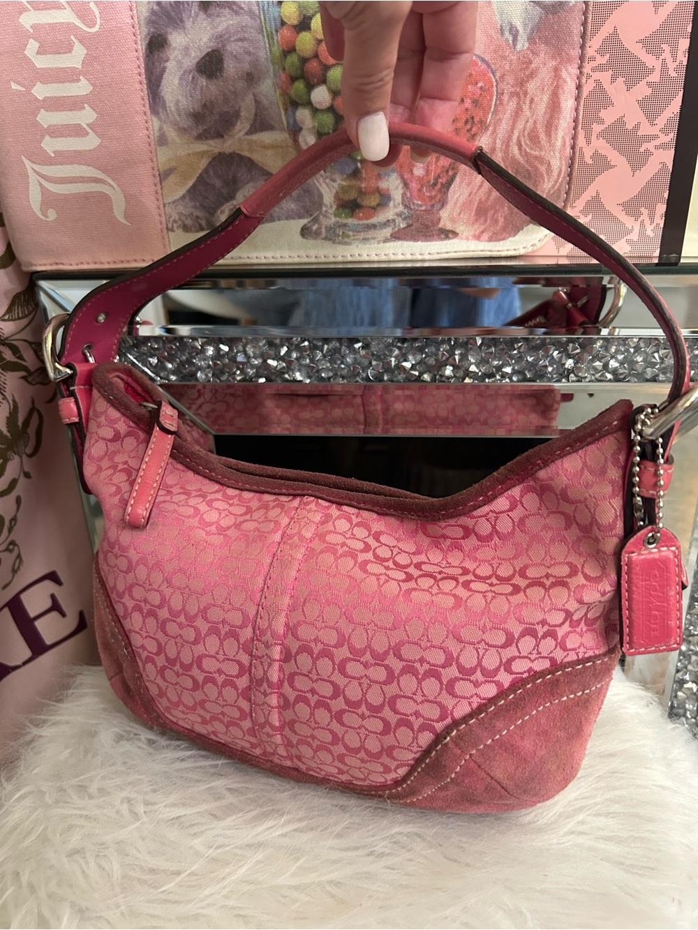 Y2K Vintage Coach Soho Pink Signature C Mini Hobo Canvas Suede Shoulder Bag 6351